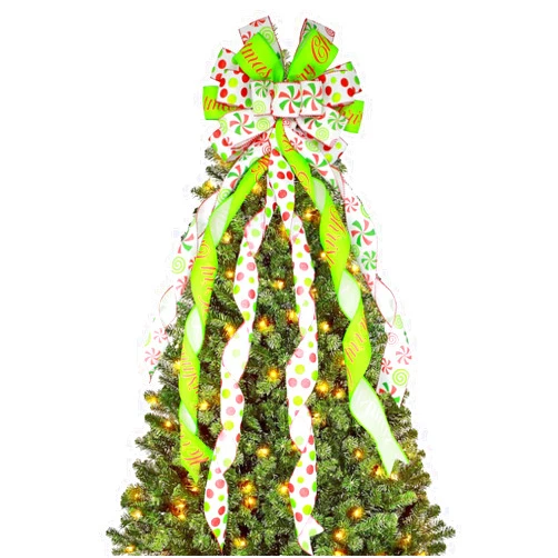 KSPOWWIN Christmas Tree Topper Red Green Decorative Bow,45x13 Inch Handmade Christmas Tree Bows for Xmas Christmas Tree Decorations Home Decor