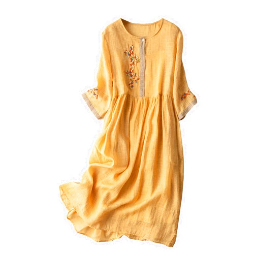 LMSXCT Summer Dress for Women Vintage Cotton Linen Dress 3/4 Sleeve Round Neck Pleated Flowy Midi Dress Casual Beach Sundress