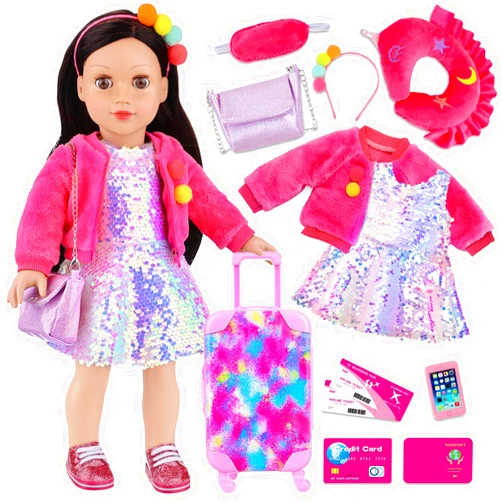K.T. Fancy 18 Inch American Doll Clothes and Accessories, Doll Travel Suitcase Playset for Girls, Cute Travel Doll Clothes for 18 Inch Girl Doll(Not Include Doll & Shoes)