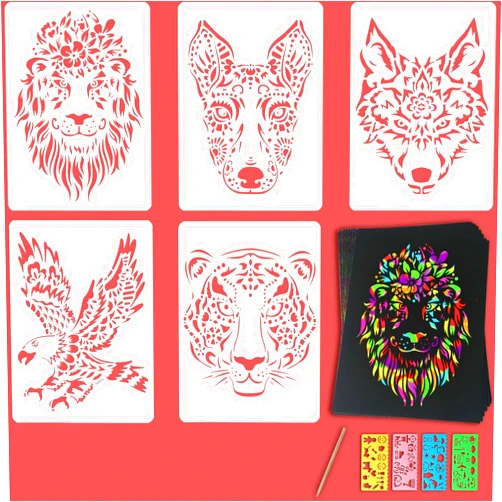 Ousita 5 Pieces Stencil Template for Painting Reusable Animal Stencil for Painting on Wood Wall Home Decor and 10 Pcs Rainbow Magic Scratch Paper (Lion)