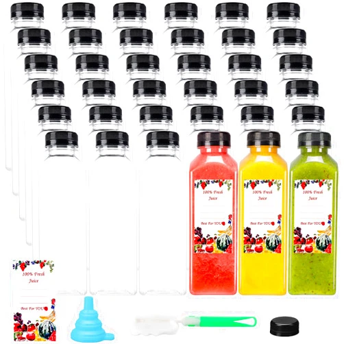 SUPERLELE 36pcs 12oz Empty Plastic Juice Bottles with Caps, Reusable Water Bottles, Clear Bulk Drink Containers with Black Tamper Evident Lids for Juicing, Smoothie, Drinking and Other Beverages