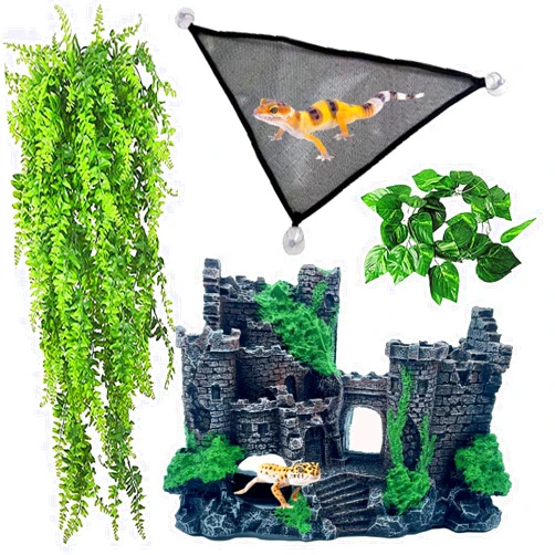 kathson Bearded Dragon Tank Castle Decorations,Reptile Hammock Reptiles Habitat Resin Hideouts Cave Decor Terrarium Accessories for Lizard Snake Chameleon Gecko Hermit Crabs (4 Pcs)