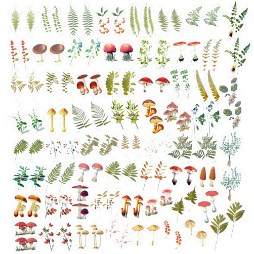 Frutain Christmas Mushrooms Plant Stickers Set(120 PCS) Aesthetic Vintage Nature Stickers PET Transparent Stickers for Scrapbooking Planner Journaling Wrapping, DIY Album Phone Cases