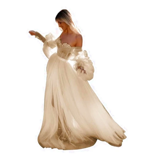 ZSHAOLHYJYZS Puffy Sleeve Tulle Prom Dresses for Women Long Ball Gowns Off The Shoulder Formal Evening Gowns