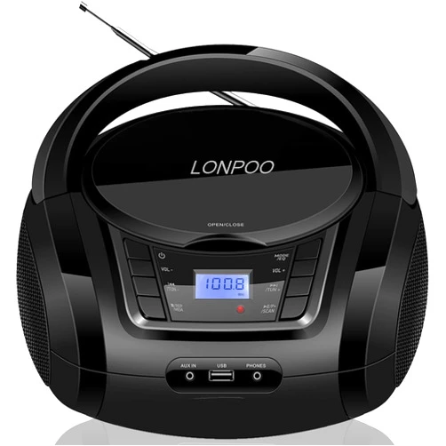 LONPOO CD Player Portable Boombox with FM Radio/USB/Bluetooth/AUX Input and Earphone Jack Output, Stereo Sound Speaker & Audio Player,Black