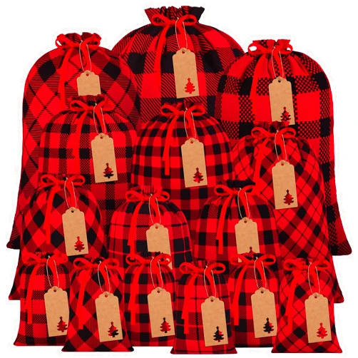 Aneco 15 Packs Christmas Buffalo Plaid Gift Bags with Drawstring Xmas Stocking Bags with 24 Pieces Kraft Tags for Gift Wrapping, Daily use, Assorted sizes