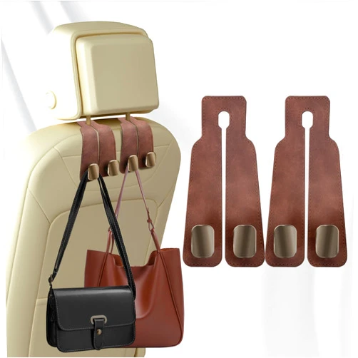 ZUAN TIME 2 Pack Car Hooks for Headrest, Double Car Seat Headrest Hooks, Car Seat Back Storage Hook for Purses and Bags, Leather Purse Hook for Car, Car Bag Hooks Brown