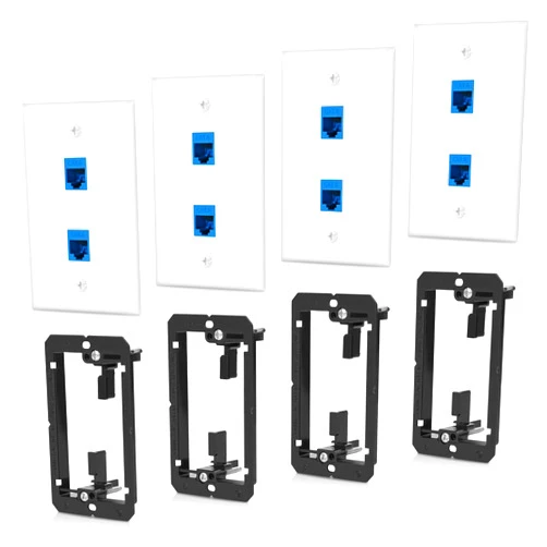 ANONION 4 Pack Ethernet Wall Plate 2 Port Keystone Jack Blue Cat6 RJ45 Coupler Outlet Connector with Single Gang Low Voltage Mounting Bracket, White