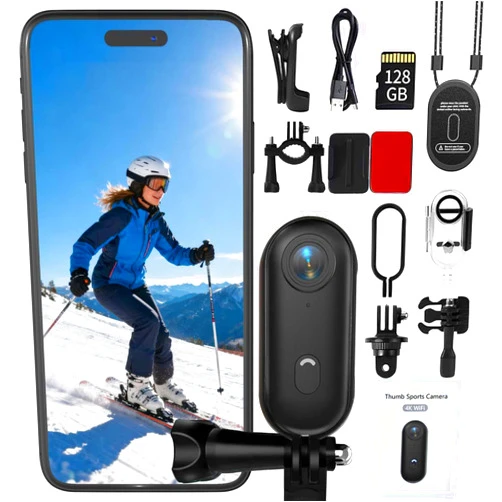NUISK 4K Thumb Action Camera | 128G Sports Camera for POV Photoshooting: Waterproof Sports Camera the Size of a Thumb Suitable for Running Cycling Swimming Hiking Adventure Etc (Black)