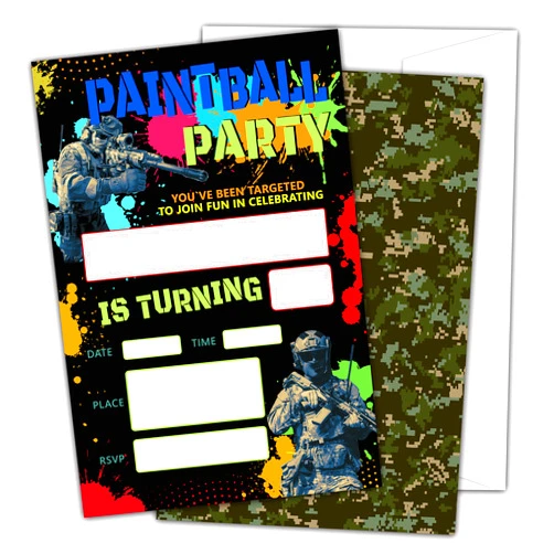 OICPYD Paintball Birthday Invitations, Paintball Theme Birthday Party Invitations for Boys Kids, Fill In Birthday Party Invites, Decorations, Favors, 20 Invitations with Envelopes (HA11)