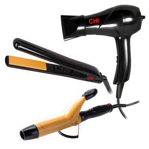 CHI Tourmaline Ceramic 3-Piece Travel Set, Includes A Hair Dryer, Flat Iron, Curling Iron, & Travel Case, Portable Hair Tools Kit, Black