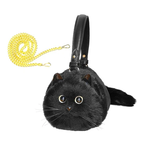 HUIJUFU Realistic Puffy Plush Cat Shaped Crossbody Handbag for Women