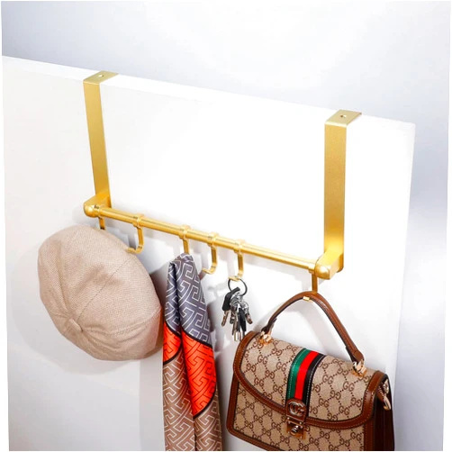 DEALSCHIC Over The Door Coat Rack and Organizer, 6 Hooks, Aluminum Construction (Gold)