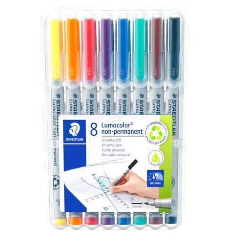 Staedtler Lumograph Non-Permanent Wet Erase Marker Pens, Fine Tip Refillable Colored Markers, 8 Pack, 315 WP8
