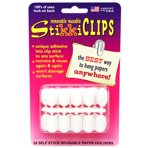 Stikkiworks STK01320BN Stikki Clips Self-Stick Reusable Paper Holders, White, 20 Per Pack, 6 Packs