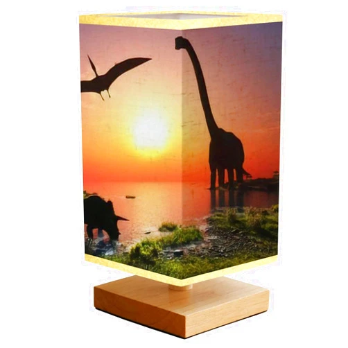 GFSLNSHD LED Bedside Table Lamp Giant Dinosaur in The of The Colorful Sky 3D Render Square Wooden Bedside Desk Lamps Square Fabric Shade Nightstand Lamp for Bedroom, Kids Room, College Dorm