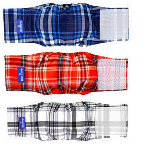MICOOYO Washable Belly Bands for Male Dogs | Reusable Doggie Diapers | Absorbent Doggy Wraps with Adjustable Fastener - XSmall (Pack of 3, Plaid Red & Blue & Grey)