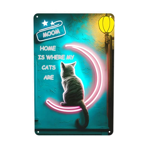 HUAGEXE Cat Sign Vintage Metal Signs Cat Decor for Home For Kitchen Home Bar Wall Art Decor Cat Decor For Cat Lovers 8x12 Inch -Home is where my are