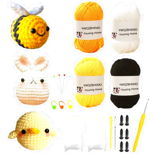 YWQZBHEMO 3 Pattern Crochet Kits - Crochet 3 Different Patterns Sets for Beginners/Experts - Rabbit, Chicken, Bee for Adult Starters, Kids, Includes Enough Yarns, Hook, Accessories