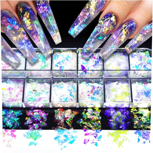 ZASKHLD 12 Colors Iridescent Chrome Nail Art Sequins Aurora Holographic Mermaid Nail Glitter Flakes Irregular Ice Slag Chunky Glitter Chameleon Flakes Set Fluorescent Glass Paper for Face Body DIY Decoration