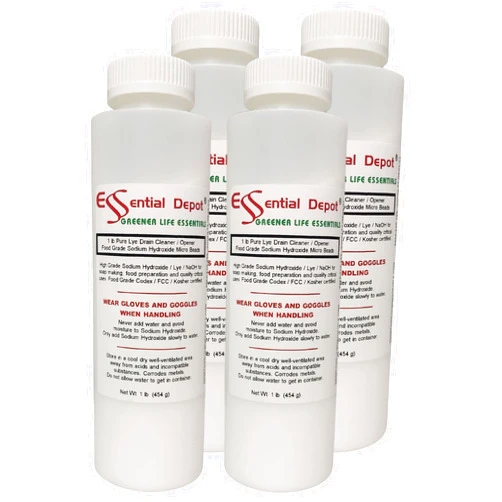 Essential Depot 4 lbs Food Grade Sodium Hydroxide Lye Evenly-Sized Micro Pels (Beads or Particles) - 4 x 1 lb Bottles - Drain Cleaner - HDPE Container with Resealable Child Resistant Cap and Handle