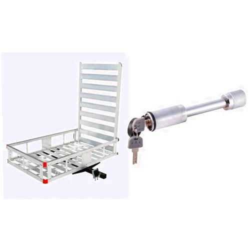 MaxxHaul 80779 50” x 29.5” Trailer Hitch Mount Aluminum Cargo Carrier with High Side Rails with 47” Ramp for RV's, Trucks, SUV's, Vans - 500 lb. Capacity & 70050 Trailer Hitch Lock - Heavy Duty 5/8”