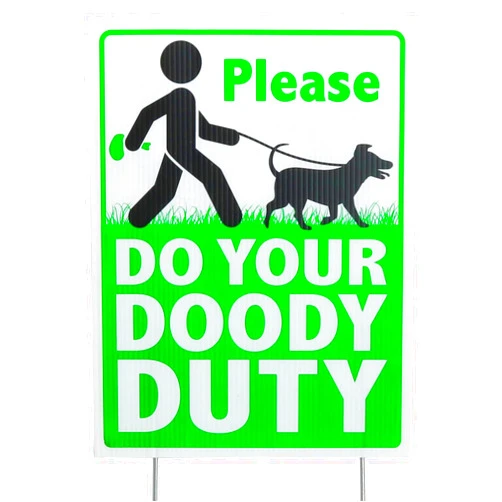 Iconikal Clean Up After Your Pet Waste Yard Sign - Please Do Your Doody Duty - Funny Dog Poop - 9 x 12-Inch Durable and Visible Pickup Reminder - Printed on Both Sides, Made with Corrugated Plastic and Metal H Stakes