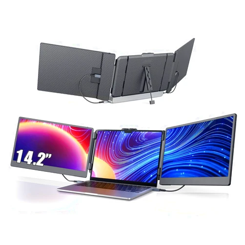 Leudaich 14'' Screen Extender Portable Laptop Plug-play, 1080P IPS Laptop Monitor Extender Built-in Speaker, HDMI/USB-A/Type-C Triple Monitor for 13''-17.3'' Laptops, Work with Mac, Windows, Chrome, Switch