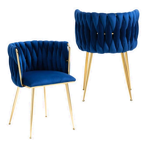 Nrizc Woven Dining Chairs Set of 2, Velvet Upholstered Dining Chairs with Gold Metal Legs, Modern Accent Chairs for Living Room, Dining Room, Kitchen (Blue)