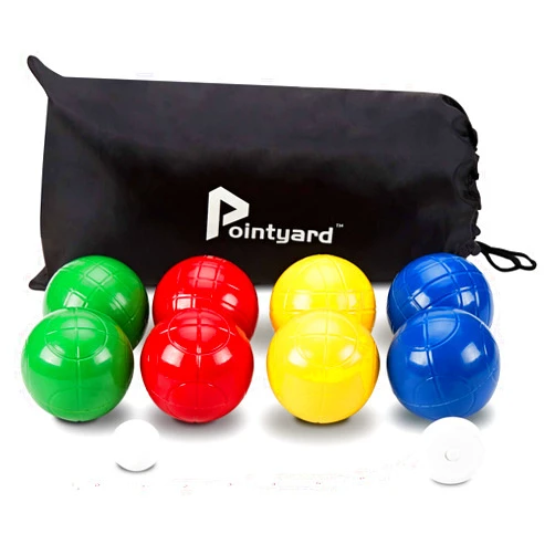 Pointyard 100mm Bocce Ball Set, Regulation Bocci Ball Set with 8 PE Bocce Balls/1 Pallino/Carrying Bag/Measuring Tape - Outdoor Family Bocce Game for Backyard/Lawn/Beach (Red,Blue,Green,Yellow)