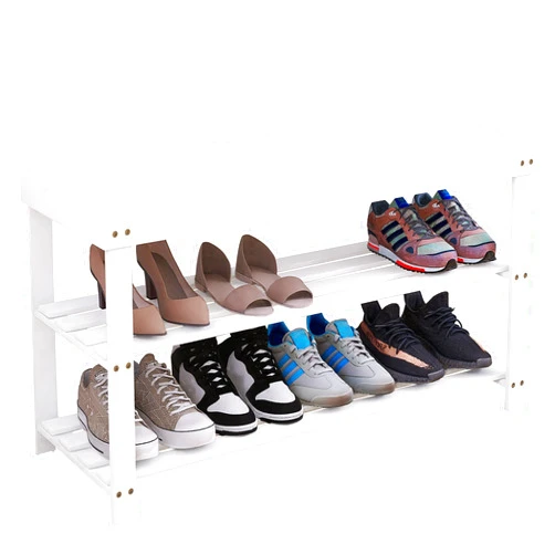 SMIBUY Bamboo Shoe Rack Bench, 3-Tier Shoe Organizer Storage Shelf for Entryway Hallway Bathroom Living Room (White)