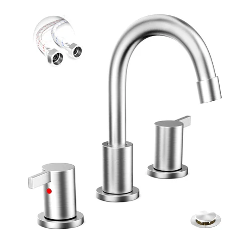 Phiestina 8 Inch Widespread Brushed Nickel Bathroom Faucet 2 Handle 3 Hole Bathroom Vanity Faucet with Metal Pop Up Drain & Water Supply line, BF03042-K01-GBN