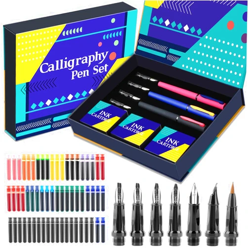 Aifeiter Calligraphy Pen set,Calligraphy Fountain Pens with 7 Different Replaceable Nibs with 60 Ink Cartridges(12 Colors),3 multi-functional color Fountain pens