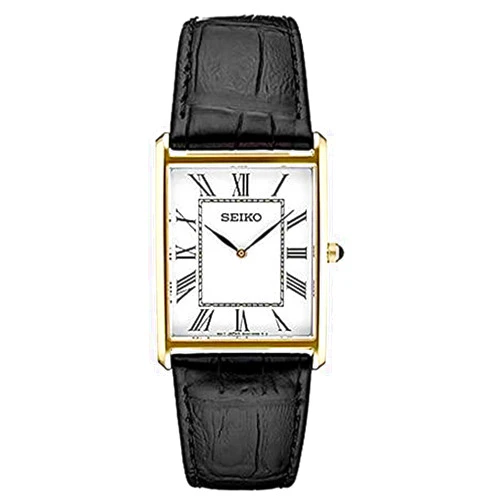 SEIKO Essentials Watch for Men - Essentials - Water Resistant with Stainless Steel Rectangular Case and Leather Strap