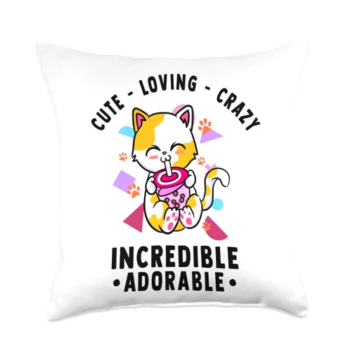 Kawaii & Anime Stuff Cute, Loving, Incredible Adorable-Kawaii Bubble Tea Cat Throw Pillow, 18x18, Multicolor