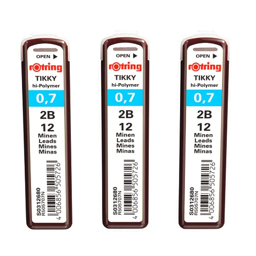 Rotring Tikky 0.7mm 2B Hi-Polymer Strong Dark Pencil Lead Refills for Mechanical Pencils - 36 Leads in Total - Pack of 3 Tubes