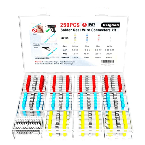 Delgada 250PCS Marine Heat Shrink Wire Connectors - Solder Seal Butt Terminals for Marine, Automotive - Corrosion and Weatherproof - Self-Solder Insulated Splice Terminals