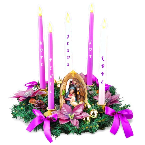 ElectricWise Christmas Advent Wreath Candle Holder, Purple Ribbon Advent Wreath with Nativity Scene Figurine, 5 Metal Candle Cups, for Holiday Xmas Table Centerpiece Decorations (No Candles)