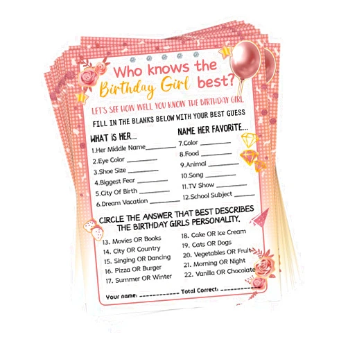 HOMANGA Who Knows The Birthday Girl Best, Birthday Would She Rather, Birthday Game Cards for Girls Her Sleepover Party - 6x8 inch Set of 30 (Pink & Rose, Double-Sided)