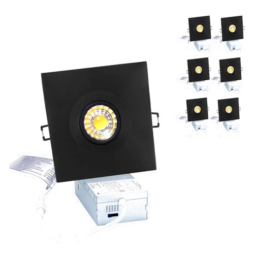 POPANU Canless Recessed Gimbal Downlight Rotatable-Spotlight 5 CCT 4 Inch Eyeball Ceilling Potlight, Dimmable Lights Fixture with Junction Box, 8W CCT Adjustable, Black Square Trim, with Baffle, 6P