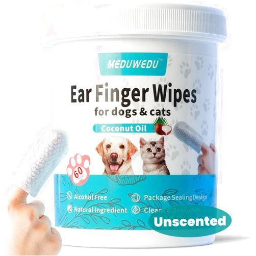 MEDUWEDU Ear Cleaner Finger Wipes 60 Counts, Dog Ear Cleaner, Grooming Kit Care for Dogs and Cats, Soft & Easy Otic Cleaning Pads, Remove Wax, Dirt & Stop Smelly, Itchy, Non-Irritating, Unscented