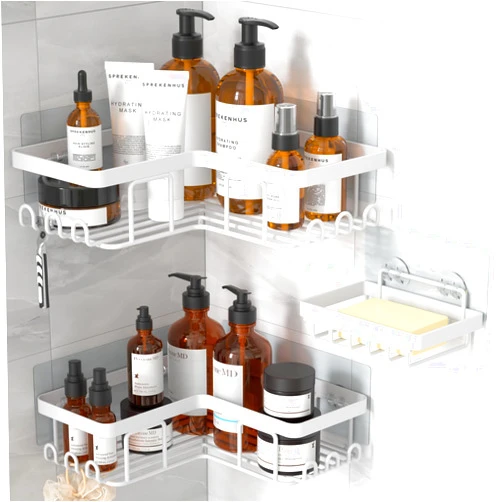 YASONIC Corner Adhesive Shower Caddy, with Soap Holder and 12 Hooks, Rustproof Stainless Steel Bathroom Organizer, No Drilling Wall Mounted Rack, White, 3-Pack