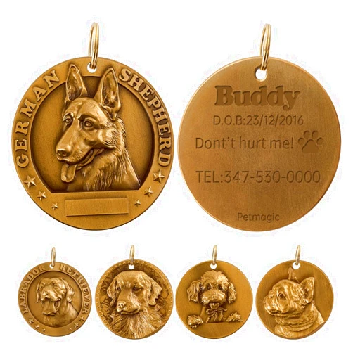 Petmagic German Shepherd Dog Tags Personalized Crafted Solid Brass,Choose from 60 Dog Breeds and 85 Exquisite. This Custom Dog tag is Sturdy.Customizable Four-line Information