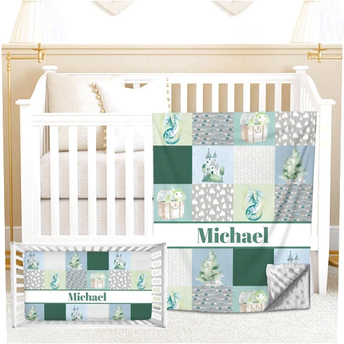 Noverbibi Personalized Baby Crib Bedding Sets for Boys Girls, Custom Name Cute Dragon 2 Piece Nursery Baby Bedding Set, Customized Crib Fitted Sheets and Minky Comforter for Newborn Babies