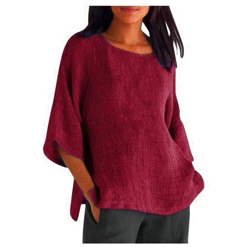 SUOKOM Plus Size Tunics Summer Linen Tops For Women, 3/4 Sleeve T Shirts Loose Plus Size Cotton Linen Tshirt Womens Crewneck Casual Blouse Tee Blusas Mujer Verano Wine