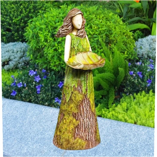 JALEO Forest Girl Bird Feeder, Fairy Garden Statuary with Bird Feeder, Bird Girl Statue Outdoor Figurine, Green Fairy Statue Bird Feeder Resin Decoration