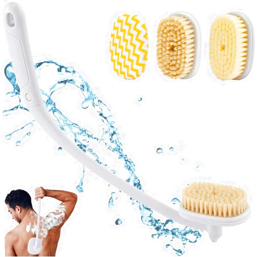 Klyfar Back Brush Long Handle for Shower - Back Scrubber 3 in 1 Use with Soft, Stiff Bristle and Exfoliating Brush Head, 18