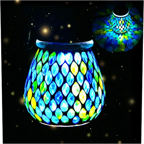 Nomoluke Mosaic Blue Solar Lanterns, Outdoor Glass Hanging Lights, Waterproof, Solar Table Lamps, Night Lights, Decoration for Garden, Patio, Yard, Party, Outdoor Decor, Gifts