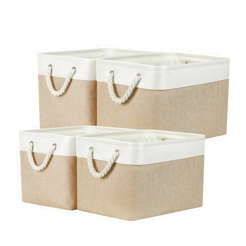 Temary Fabric Storage Baskets 4Pack Storage Bins Decorative Basket for Gift, Clothes Bin with Rope Handle, Rectangle Baskets for Storage Toys, Blankets(White&Khaki,15x11x9.5 inch)