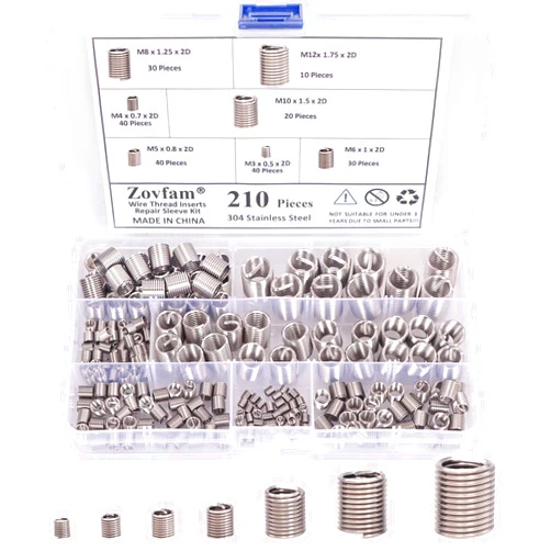 Zovfam Wire Screw Sleeve Thread Repair Inserts Assortment Kit 304 Stainless Steel Metric M3 M4 M5 M6 M8 M10 M12 Wire Thread Inserts Helicoil Thread Repair Kit 210Pcs